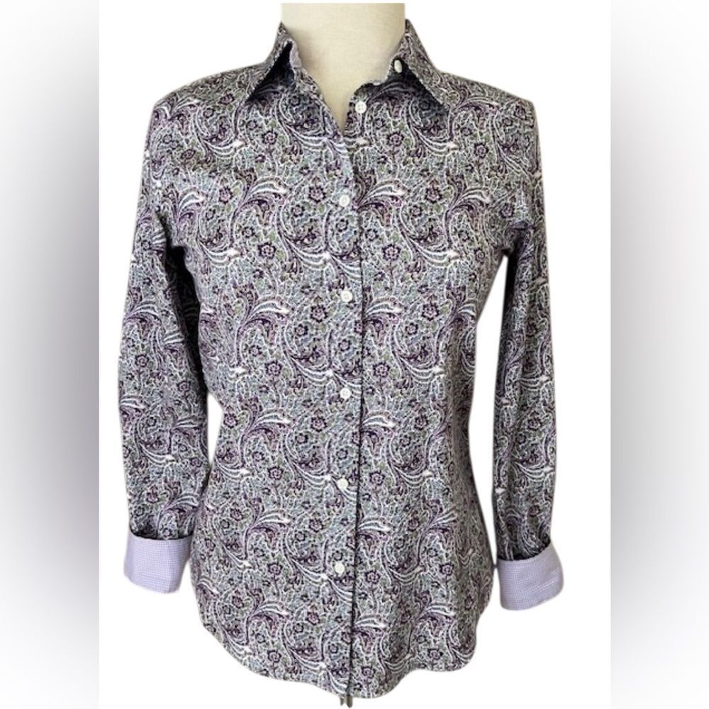Chaps Ralph Lauren Purple Paisley Trimmed in Checkered Button up Shirt NWOT